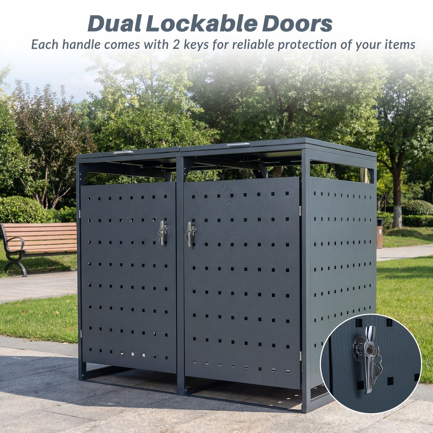Outdoor Metal Garbage Bin Storage Shed for 2 Trash Cans Double Trash Can Enclosure-Gray