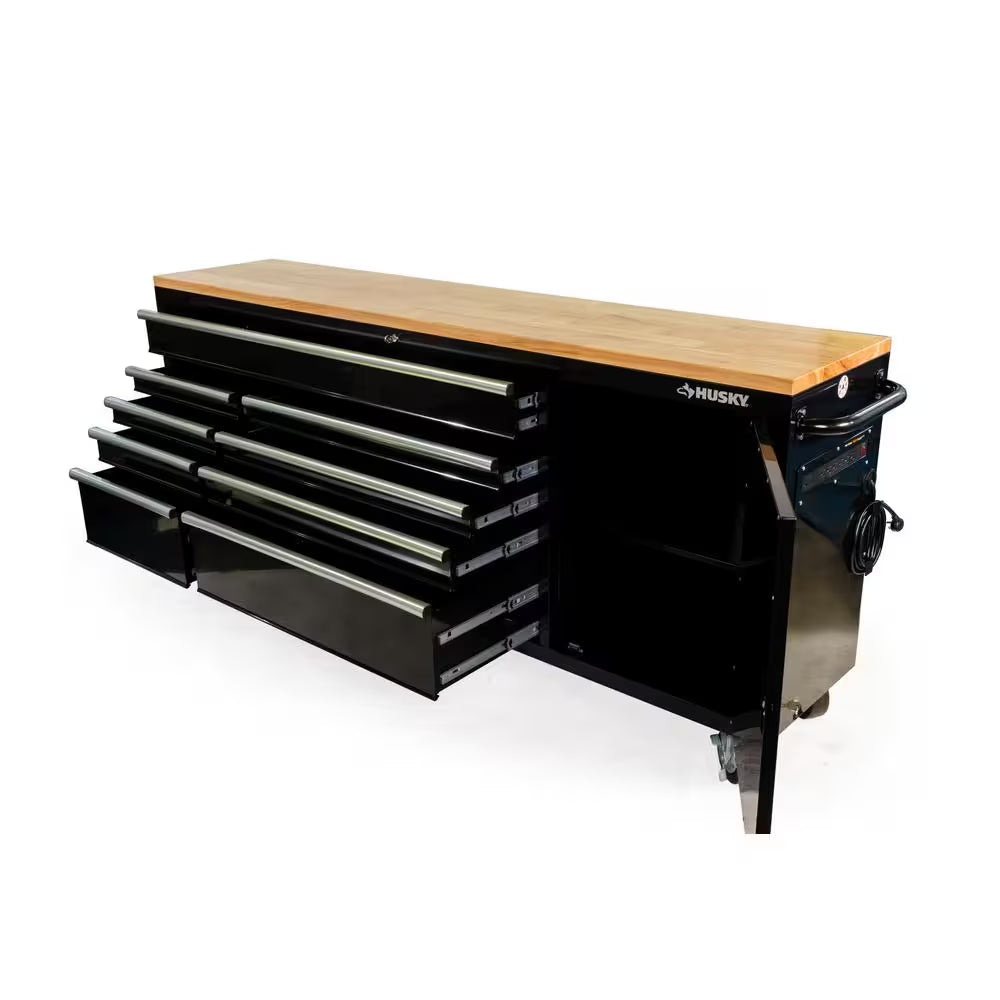 84 In. W X 18 In. D 9-Drawer Mobile Workbench with Wood Top in Gloss Black