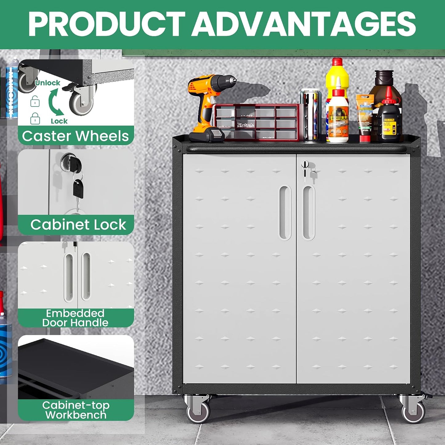 Garage Cabinet System | Heavy Duty Steel All-In-One Modular Garage Cabinet Set for Ultimate Workshop Organization | Easy Assembly Garage Storage Cabinets & Tool Bench