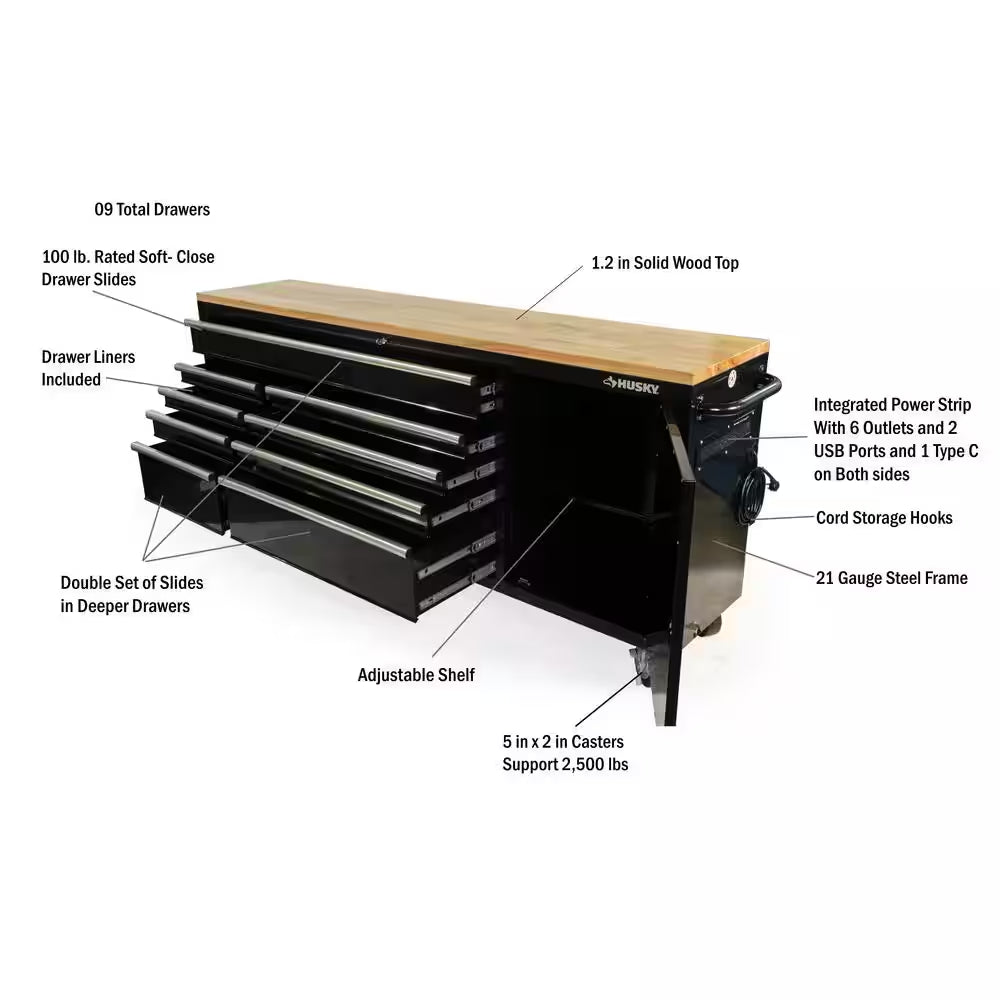84 In. W X 18 In. D 9-Drawer Mobile Workbench with Wood Top in Gloss Black