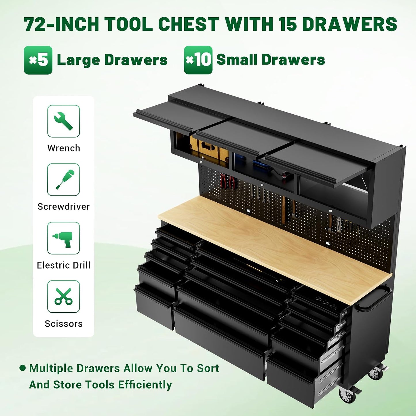 72-Inch Heavy Duty Tool Chest & Rolling Workbench with 15 Drawers, Wheels,3 Upper Cabinet& Pegboard, for Garage, Shop, Workshop Use,Black