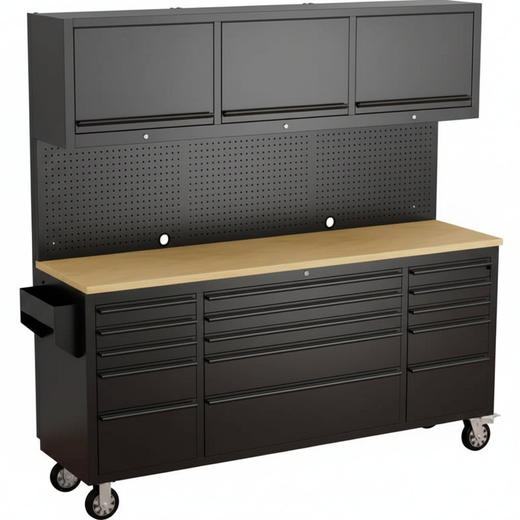 72-Inch Heavy Duty Tool Chest & Rolling Workbench with 15 Drawers, Wheels,3 Upper Cabinet& Pegboard, for Garage, Shop, Workshop Use,Black