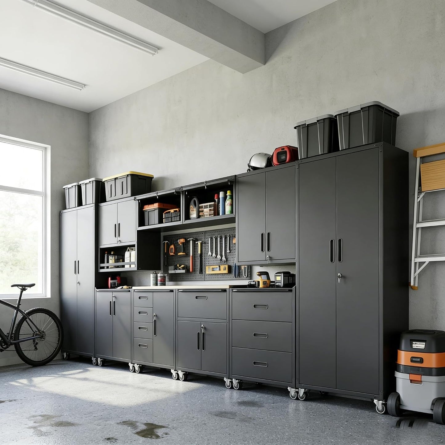 10-Piece Heavy Duty Steel Garage Cabinet System | All-In-One Modular Garage Cabinet Set for Ultimate Workshop Organization | Easy Assembly Garage Storage Cabinets & Tool Bench (Black)