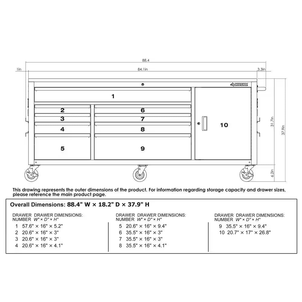 84 In. W X 18 In. D 9-Drawer Mobile Workbench with Wood Top in Gloss Black