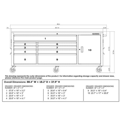 84 In. W X 18 In. D 9-Drawer Mobile Workbench with Wood Top in Gloss Black