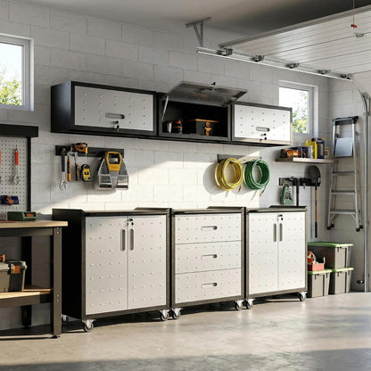 Garage Cabinet System | Heavy Duty Steel All-In-One Modular Garage Cabinet Set for Ultimate Workshop Organization | Easy Assembly Garage Storage Cabinets & Tool Bench