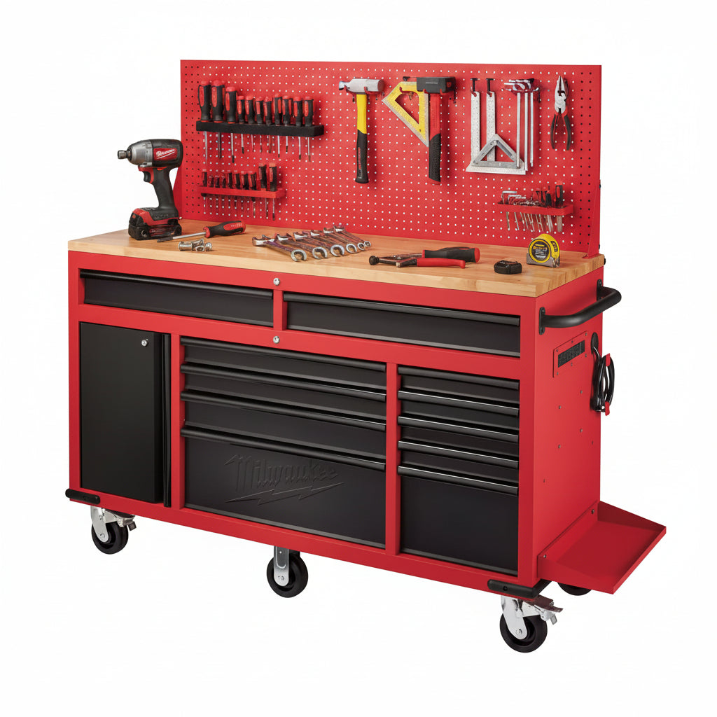 61 In. 11-Drawer/1-Door 22 In. D Mobile Workbench with Sliding Pegboard Back Wall in Red/Black
