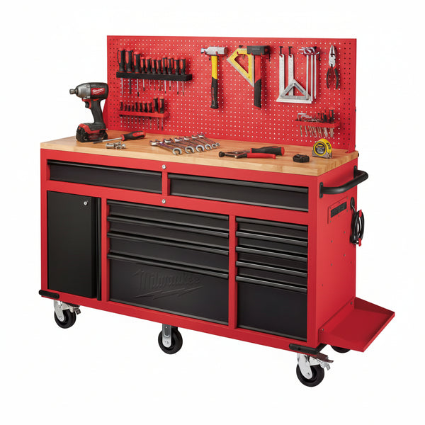 61 In. 11-Drawer/1-Door 22 In. D Mobile Workbench with Sliding Pegboard Back Wall in Red/Black