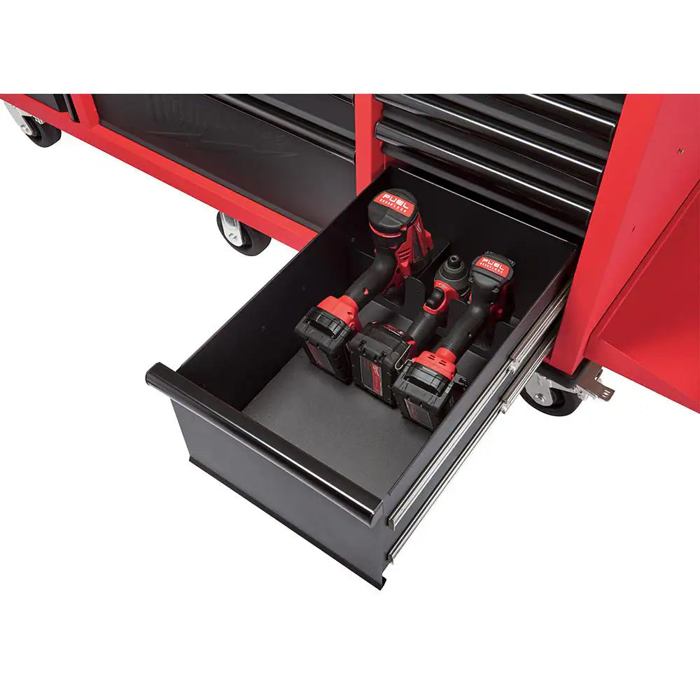 61 In. 11-Drawer/1-Door 22 In. D Mobile Workbench with Sliding Pegboard Back Wall in Red/Black
