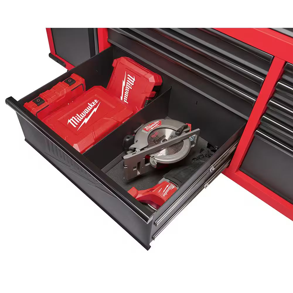 61 In. 11-Drawer/1-Door 22 In. D Mobile Workbench with Sliding Pegboard Back Wall in Red/Black