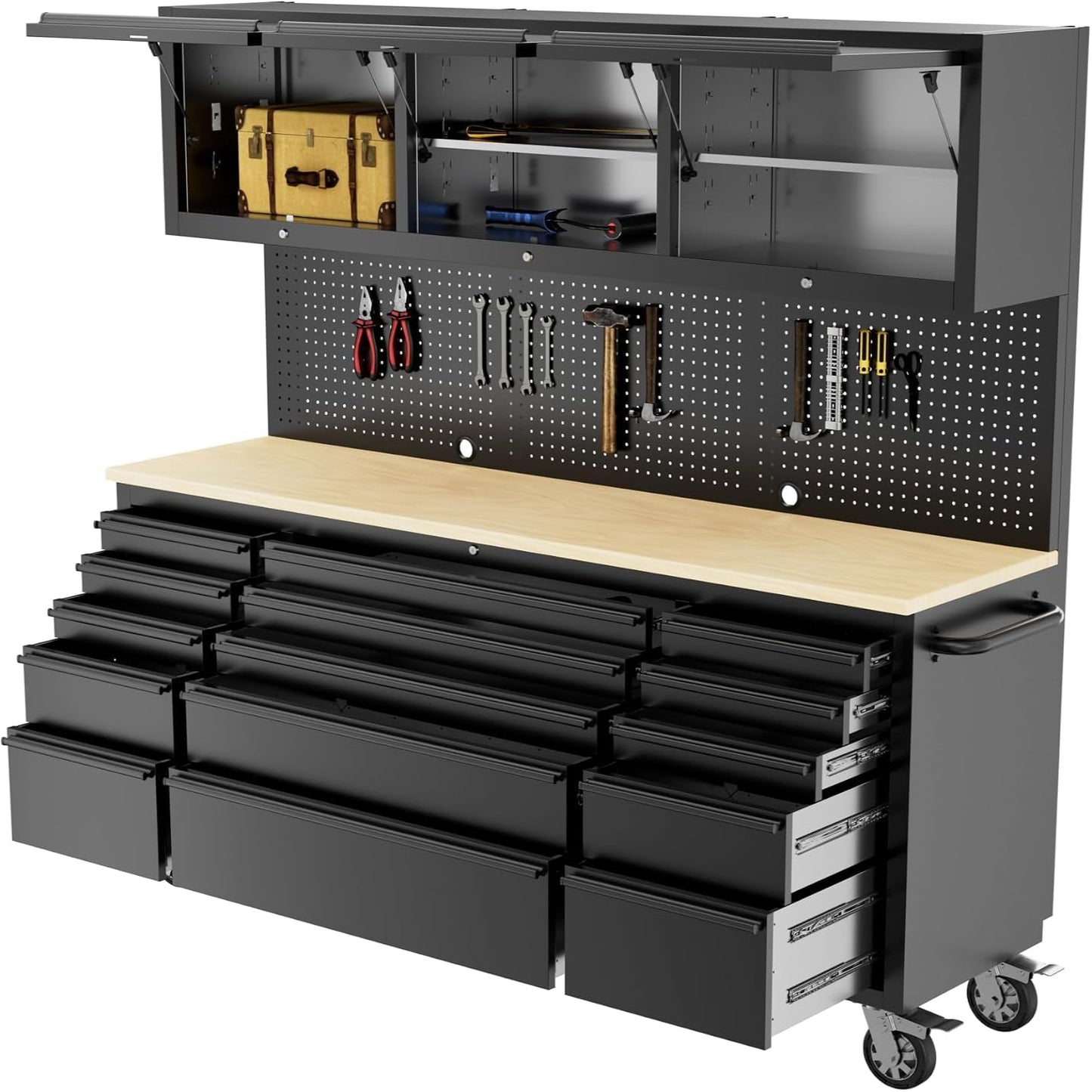 72-Inch Heavy Duty Tool Chest & Rolling Workbench with 15 Drawers, Wheels,3 Upper Cabinet& Pegboard, for Garage, Shop, Workshop Use,Black