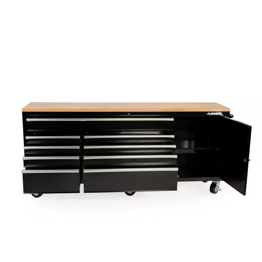 84 In. W X 18 In. D 9-Drawer Mobile Workbench with Wood Top in Gloss Black