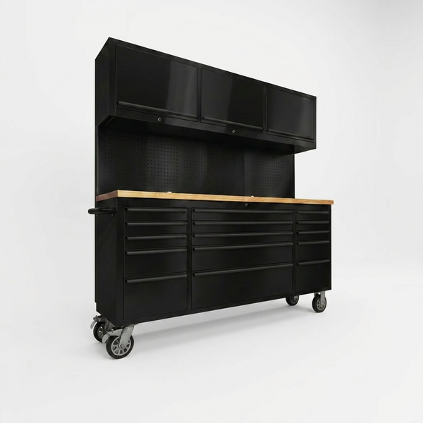 72'' Rolling Tool Chest with 15 Drawers + 3 Upper Cabinets, Large Tool Box, Matte Black Mobile Workbench, Lockable Storage Cabinet with Wheels for Garage Workshop (1 × HTC7218PC) — Studio Shot