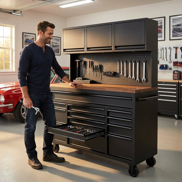 Rolling Tool Chest Built for Workshop Organization, 15 Drawers, 3 Upper Cabinets, 72 Inch Mobile Workbench