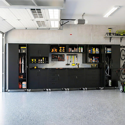 10-Piece Heavy Duty Steel Garage Cabinet System | All-In-One Modular Garage Cabinet Set for Ultimate Workshop Organization | Easy Assembly Garage Storage Cabinets & Tool Bench (Black)