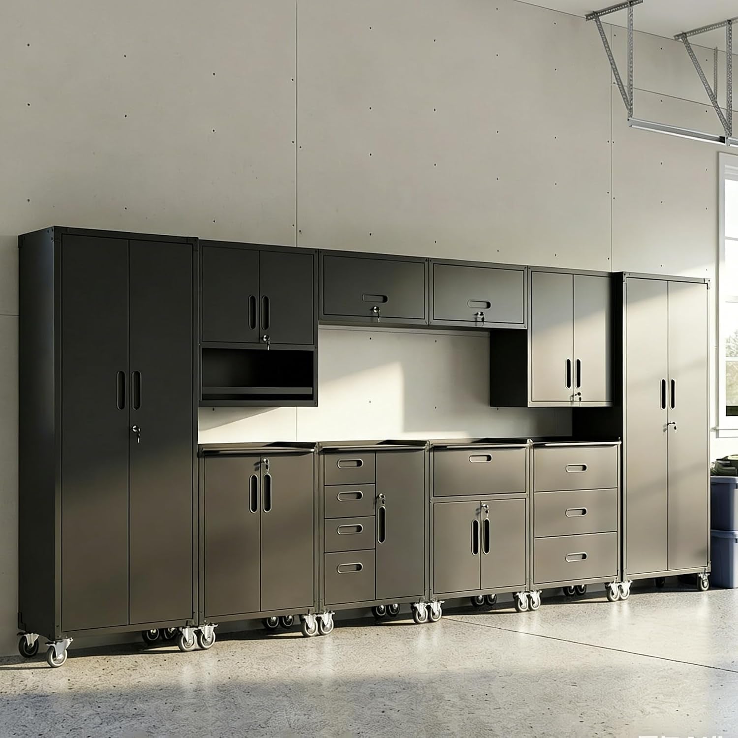 10-Piece Heavy Duty Steel Garage Cabinet System | All-In-One Modular Garage Cabinet Set for Ultimate Workshop Organization | Easy Assembly Garage Storage Cabinets & Tool Bench (Black)