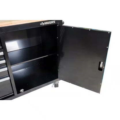 84 In. W X 18 In. D 9-Drawer Mobile Workbench with Wood Top in Gloss Black