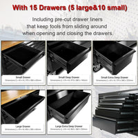72'' Rolling Tool Chest with 15 Drawers + 3 Upper Cabinets, Large Tool Box, Matte Black Mobile Workbench, Lockable Storage Cabinet with Wheels for Garage Workshop (1 × HTC7218PC)