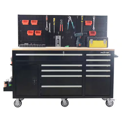 Heavy-Duty 62 In. W X 22 In. D 10-Drawer Black Tool Chest Mobile Workbench Cabinet with Pegboard Back Wall