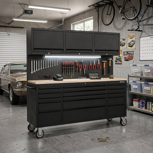 72 inch Rolling Tool Chest with Light & Power Strips, Workbench, Upper Cabinets & Pegboard