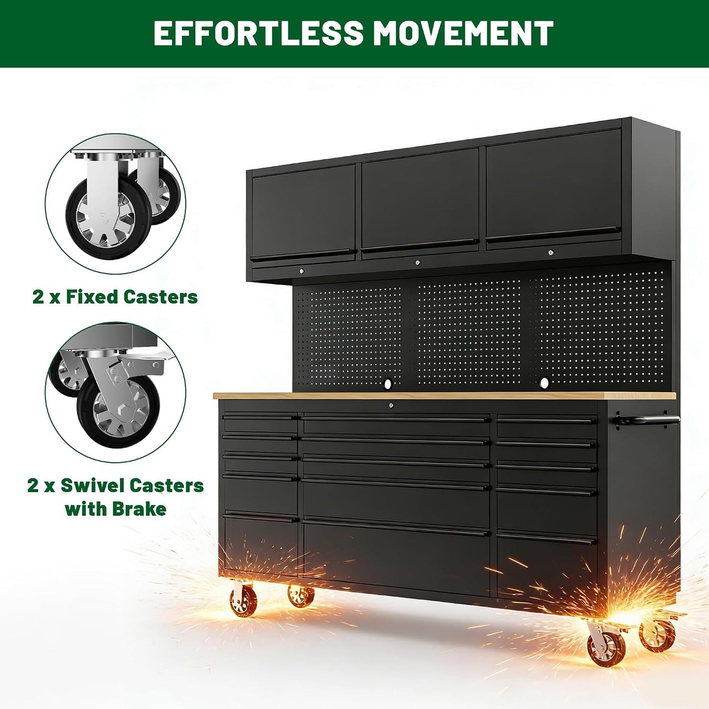 72-Inch Heavy Duty Tool Chest & Rolling Workbench with 15 Drawers, Wheels,3 Upper Cabinet& Pegboard, for Garage, Shop, Workshop Use,Black