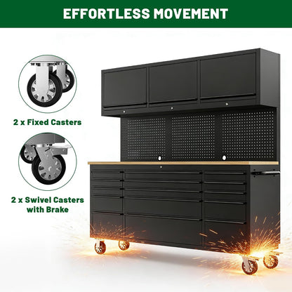 72-Inch Heavy Duty Tool Chest & Rolling Workbench with 15 Drawers, Wheels,3 Upper Cabinet& Pegboard, for Garage, Shop, Workshop Use,Black