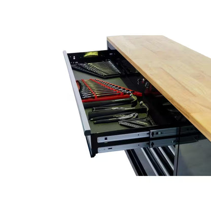 84 In. W X 18 In. D 9-Drawer Mobile Workbench with Wood Top in Gloss Black