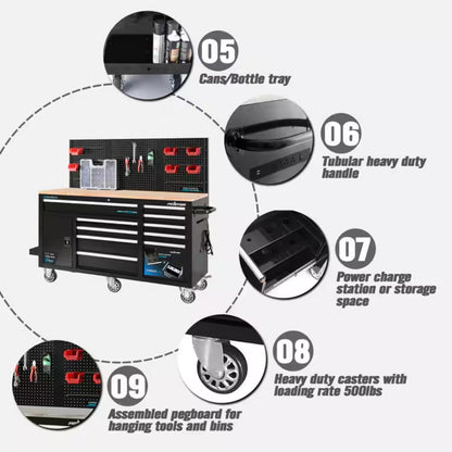 Heavy-Duty 62 In. W X 22 In. D 10-Drawer Black Tool Chest Mobile Workbench Cabinet with Pegboard Back Wall