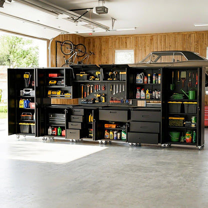 10-Piece Heavy Duty Steel Garage Cabinet System | All-In-One Modular Garage Cabinet Set for Ultimate Workshop Organization | Easy Assembly Garage Storage Cabinets & Tool Bench (Black)