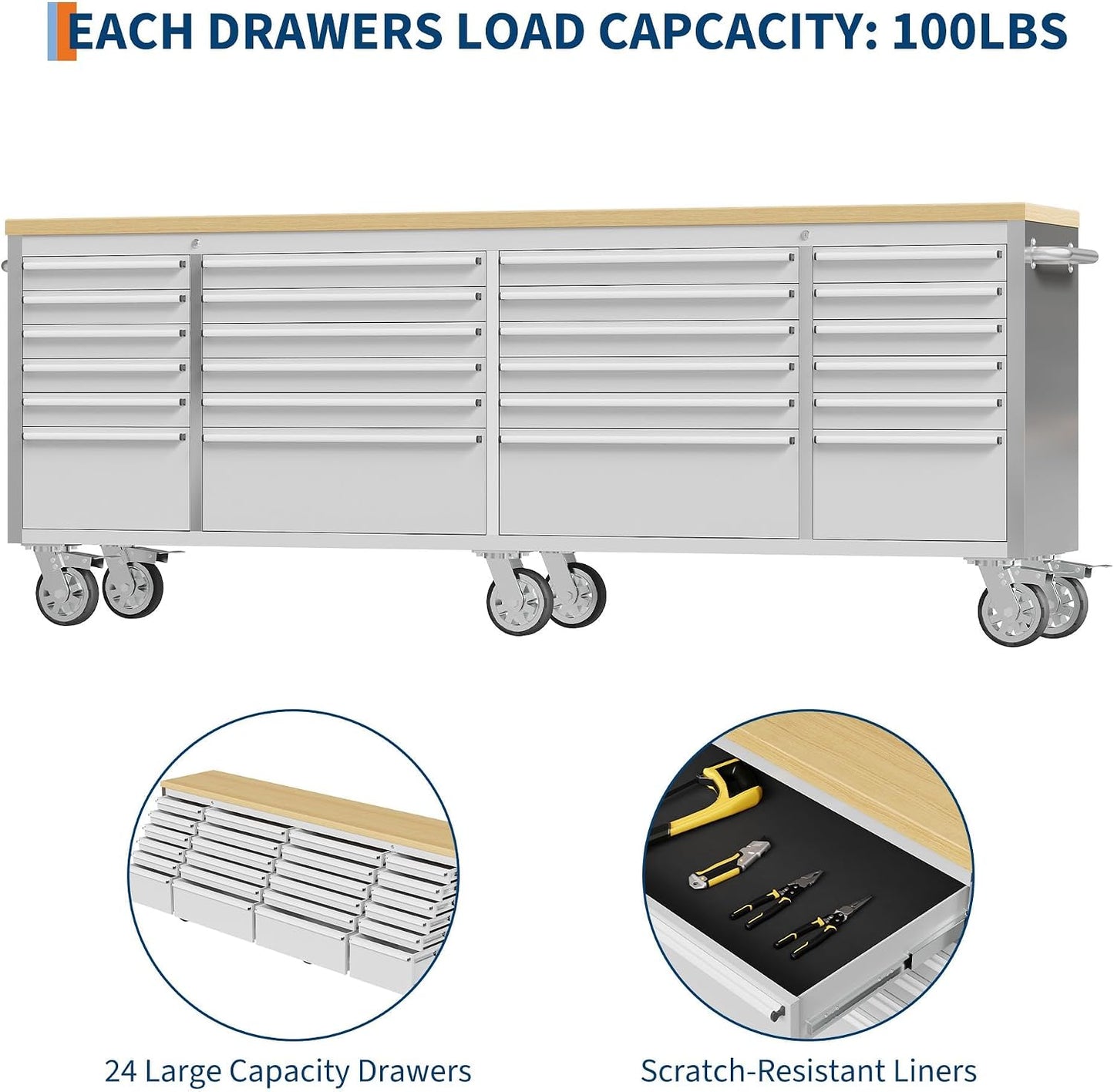 Heavy Duty 61" Tool Chest Cabinet, Mobile Garage Workbench with 24Drawers and Power Strip, Rubber Wood Worktop, 1675 LBS Load, Rolling Tool Storage Organizer for Mechanic, Shop or Home Use