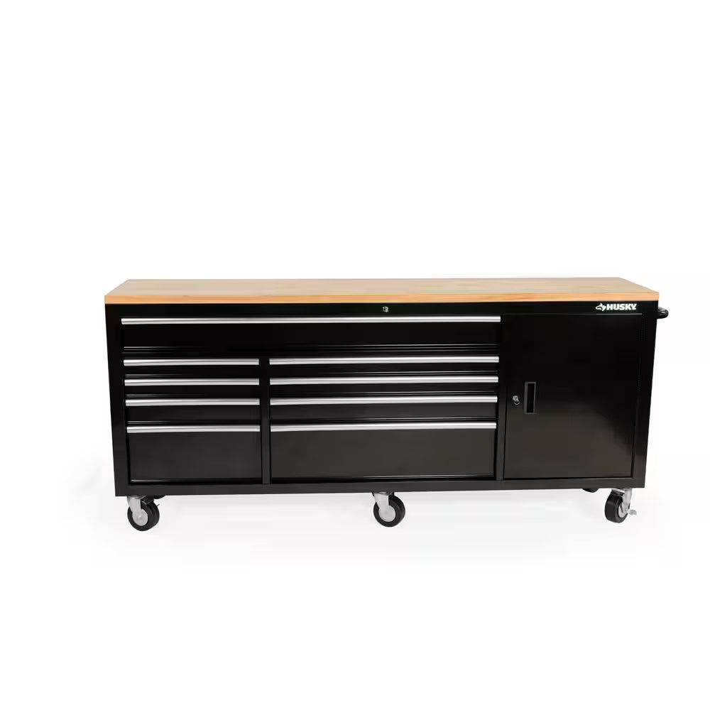 84 In. W X 18 In. D 9-Drawer Mobile Workbench with Wood Top in Gloss Black