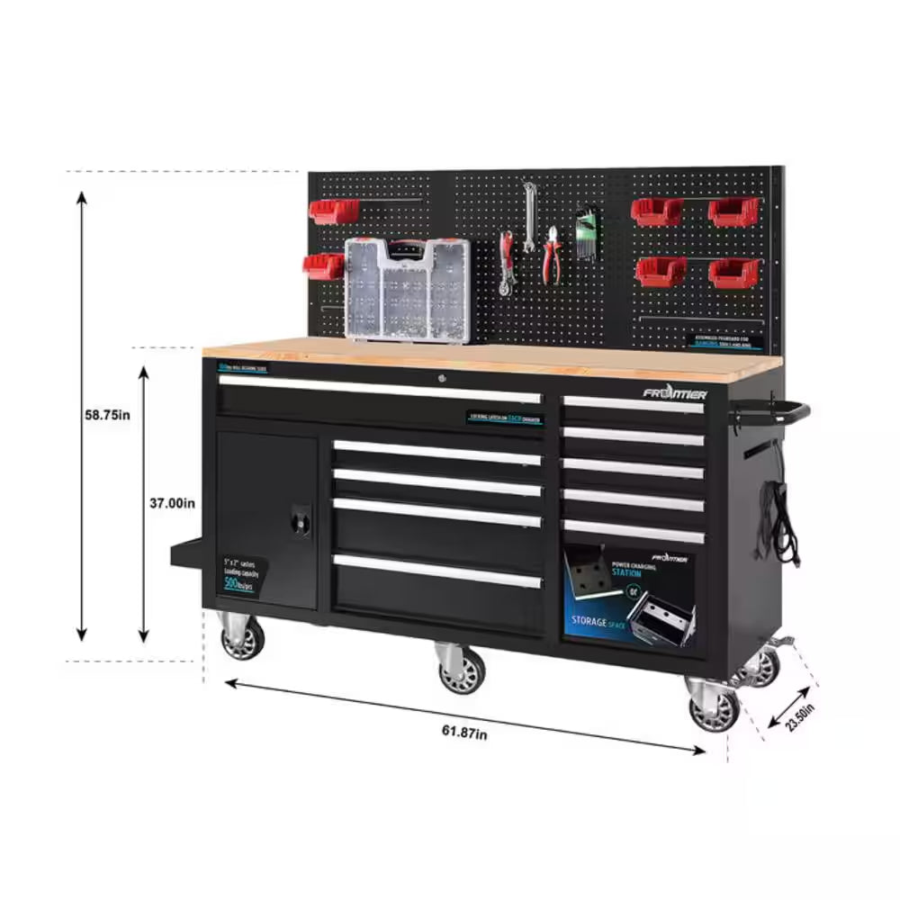 Heavy-Duty 62 In. W X 22 In. D 10-Drawer Black Tool Chest Mobile Workbench Cabinet with Pegboard Back Wall