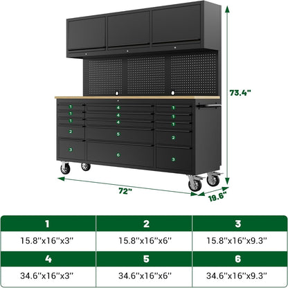 72-Inch Heavy Duty Tool Chest & Rolling Workbench with 15 Drawers, Wheels,3 Upper Cabinet& Pegboard, for Garage, Shop, Workshop Use,Black