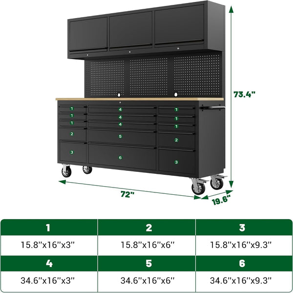72-Inch Heavy Duty Tool Chest & Rolling Workbench with 15 Drawers, Wheels,3 Upper Cabinet& Pegboard, for Garage, Shop, Workshop Use,Black