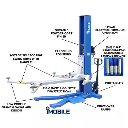 Mobile Single Column Car Lift 6,000 Lbs. Capacity Heavy Duty Model with Stackable Extensions Included