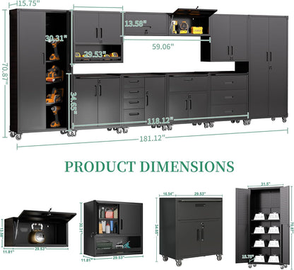 10-Piece Heavy Duty Steel Garage Cabinet System | All-In-One Modular Garage Cabinet Set for Ultimate Workshop Organization | Easy Assembly Garage Storage Cabinets & Tool Bench (Black)