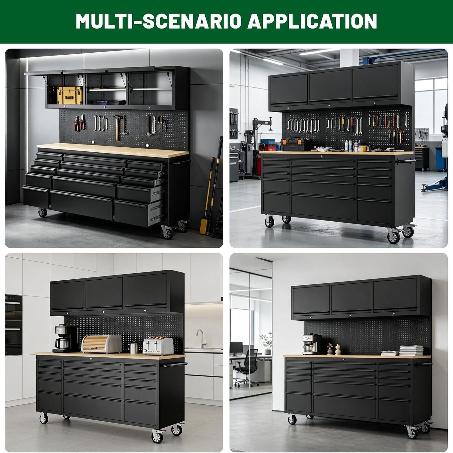 72-Inch Heavy Duty Tool Chest & Rolling Workbench with 15 Drawers, Wheels,3 Upper Cabinet& Pegboard, for Garage, Shop, Workshop Use,Black