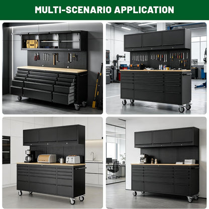 72-Inch Heavy Duty Tool Chest & Rolling Workbench with 15 Drawers, Wheels,3 Upper Cabinet& Pegboard, for Garage, Shop, Workshop Use,Black