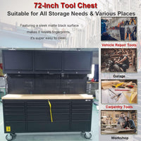 72'' Rolling Tool Chest with 15 Drawers + 3 Upper Cabinets, Large Tool Box, Matte Black Mobile Workbench, Lockable Storage Cabinet with Wheels for Garage Workshop (1 × HTC7218PC)