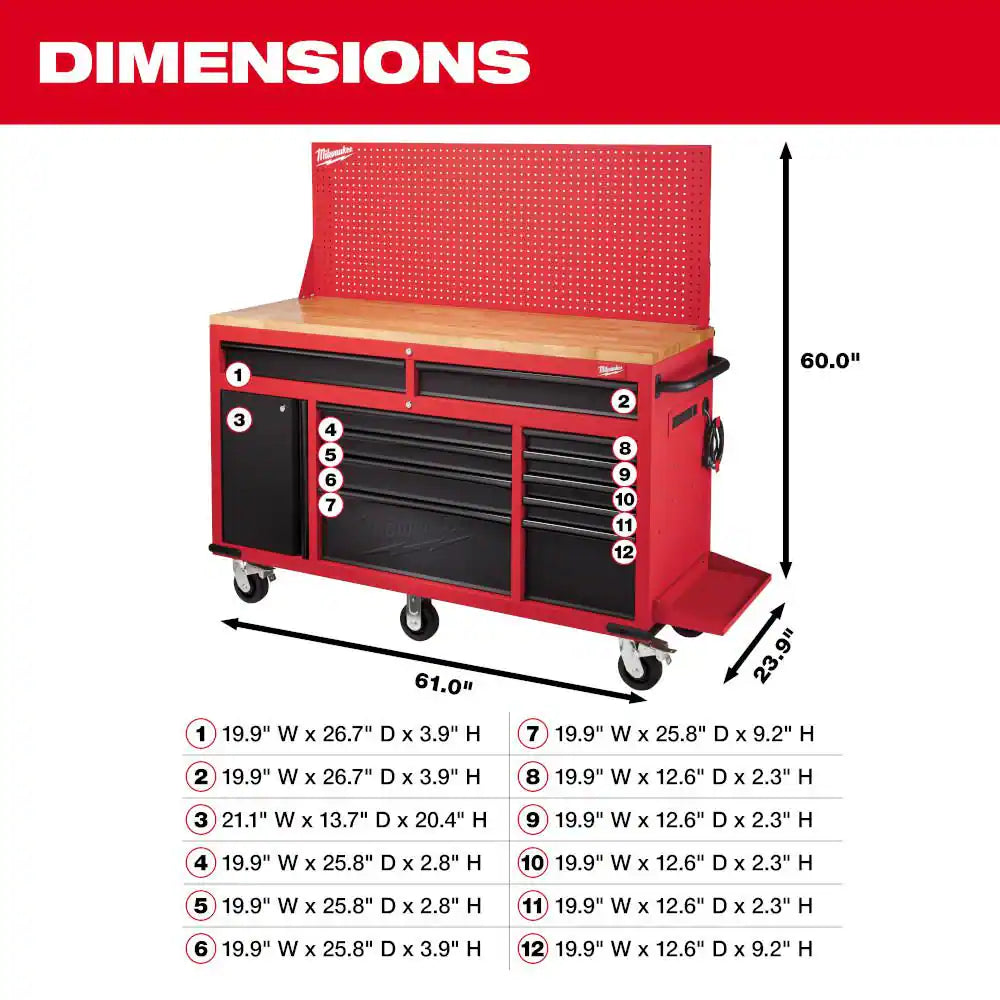 61 In. 11-Drawer/1-Door 22 In. D Mobile Workbench with Sliding Pegboard Back Wall in Red/Black