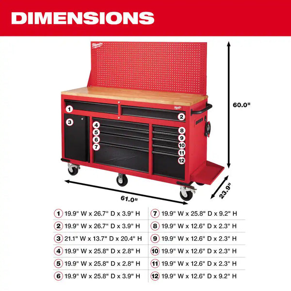 61 In. 11-Drawer/1-Door 22 In. D Mobile Workbench with Sliding Pegboard Back Wall in Red/Black