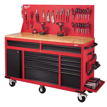 61 In. 11-Drawer/1-Door 22 In. D Mobile Workbench with Sliding Pegboard Back Wall in Red/Black