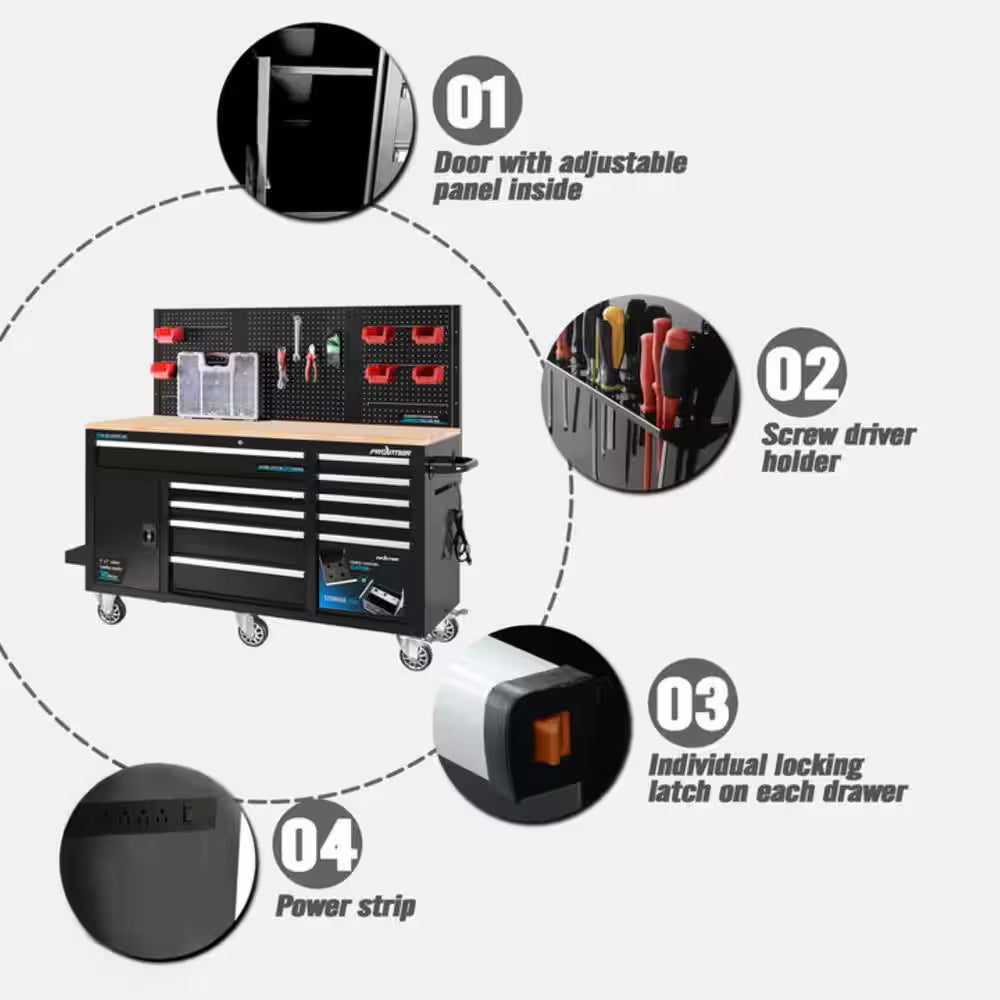 Heavy-Duty 62 In. W X 22 In. D 10-Drawer Black Tool Chest Mobile Workbench Cabinet with Pegboard Back Wall