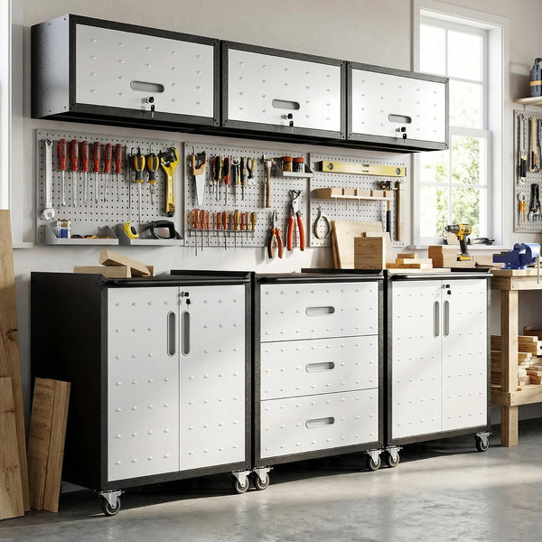 Garage Cabinet System | Heavy Duty Steel All-In-One Modular Garage Cabinet Set for Ultimate Workshop Organization | Easy Assembly Garage Storage Cabinets & Tool Bench