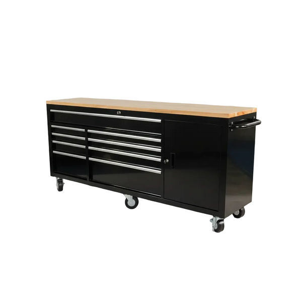 84 In. W X 18 In. D 9-Drawer Mobile Workbench with Wood Top in Gloss Black