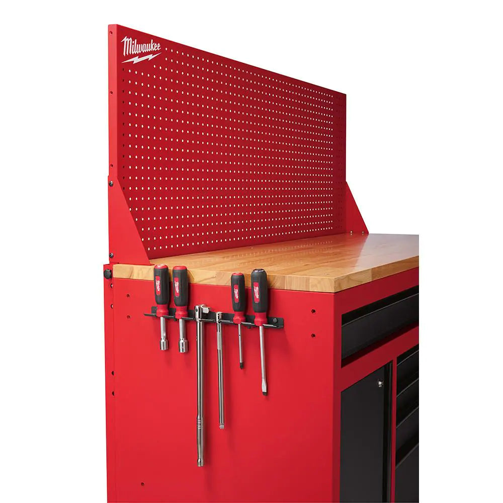 61 In. 11-Drawer/1-Door 22 In. D Mobile Workbench with Sliding Pegboard Back Wall in Red/Black