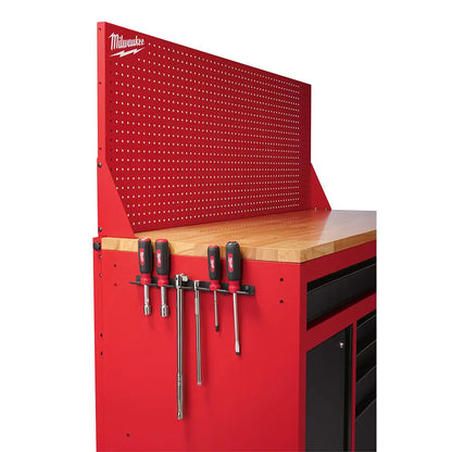 61 In. 11-Drawer/1-Door 22 In. D Mobile Workbench with Sliding Pegboard Back Wall in Red/Black