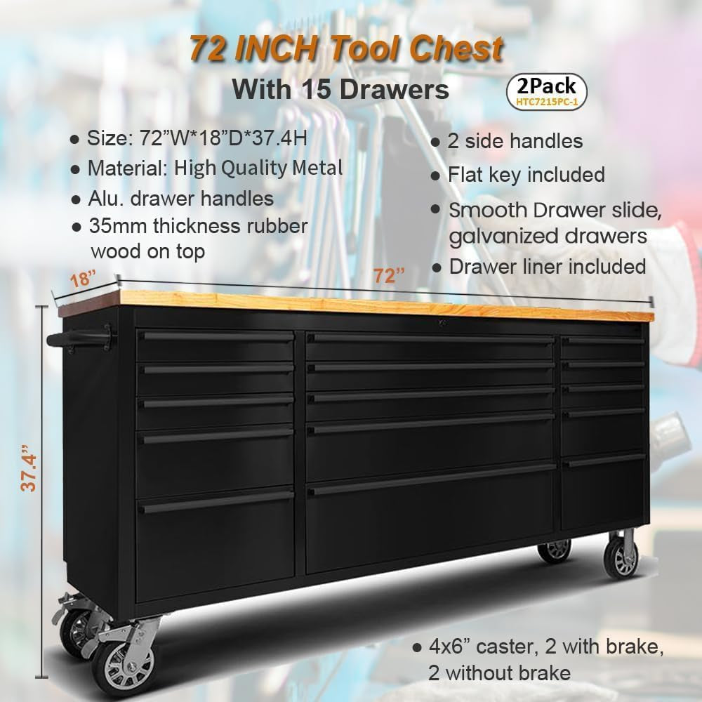 72 Inch Tool Chest with 15 Drawers for Garage, Workbench and Repair Store, Tool Cabinet -Black (72 Inch Tool Chest- Black)