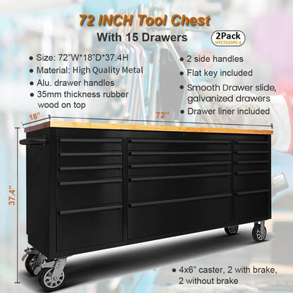 72 Inch Tool Chest with 15 Drawers for Garage, Workbench and Repair Store, Tool Cabinet -Black (72 Inch Tool Chest- Black)