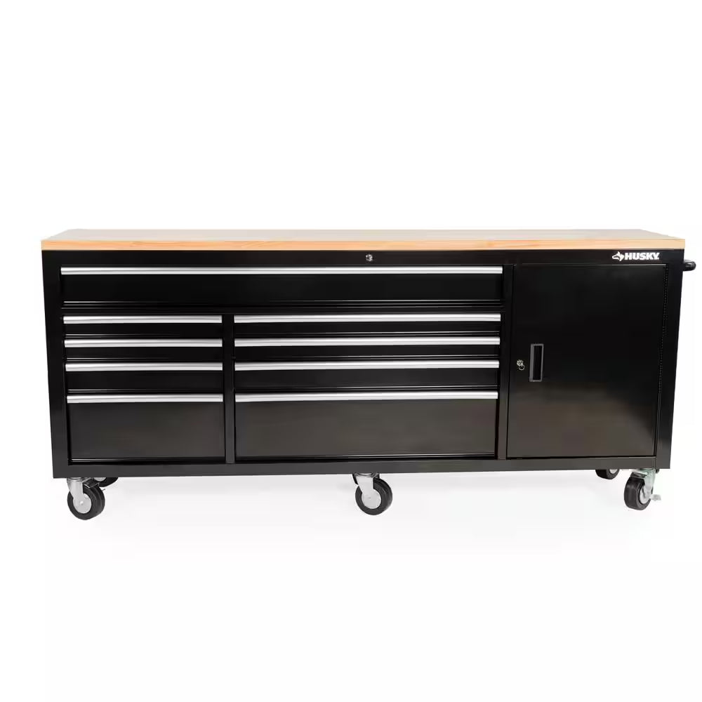 84 In. W X 18 In. D 9-Drawer Mobile Workbench with Wood Top in Gloss Black